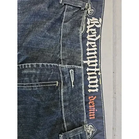 VINTAGE REDEMPTION DENIM Y2K MENS Tapered Jeans Blue SIZE 48X32 Embroidered Logo - Picture 2 of 13